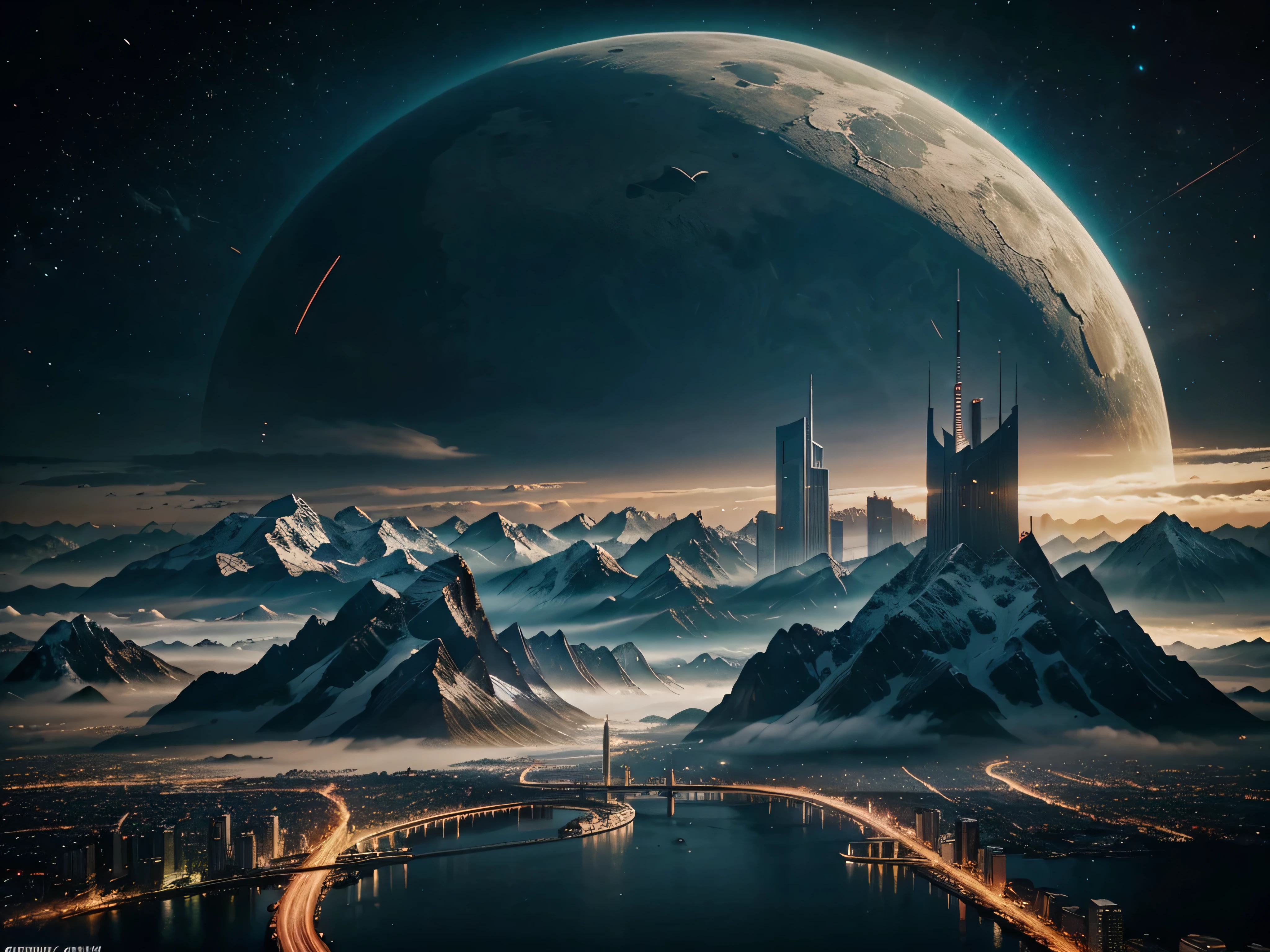 futuristic city, fantasy, 23rd century, mountains