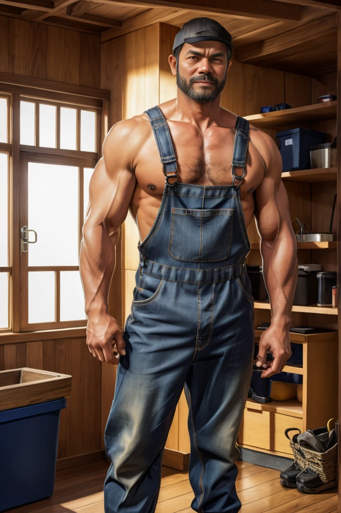 Authentic style,A strong foreman walked into the room,Walking posture,Plumber,Toolbox in hand,Wooden tool box,Looking at the camera,There are chains around the neck,40-year-old Asian man image,Canine,Tiger Teeth,Looking at the camera,Slobber,Place your hands behind your body,beard,Plumber服服,Work Clothes,Dirty clothes,A kind expression,Kind uncle,A polite greeting,Black short hair,Very short hair,(Fat-encapsulated muscle),Mermaid line,Overalls,Dirty pants,(There is a huge King Oyster Mushroom in my pants),Leg hair,Thick body hair,Black body hair,Leg hair,cloth shoes,toe,Sexy men,full-body shot,Real person photos,Correct anatomical shape of the limbs,Full body shot,Fine skin texture,Wooden walls,Soft Light,Low contrast images,Highest quality,4k quality,