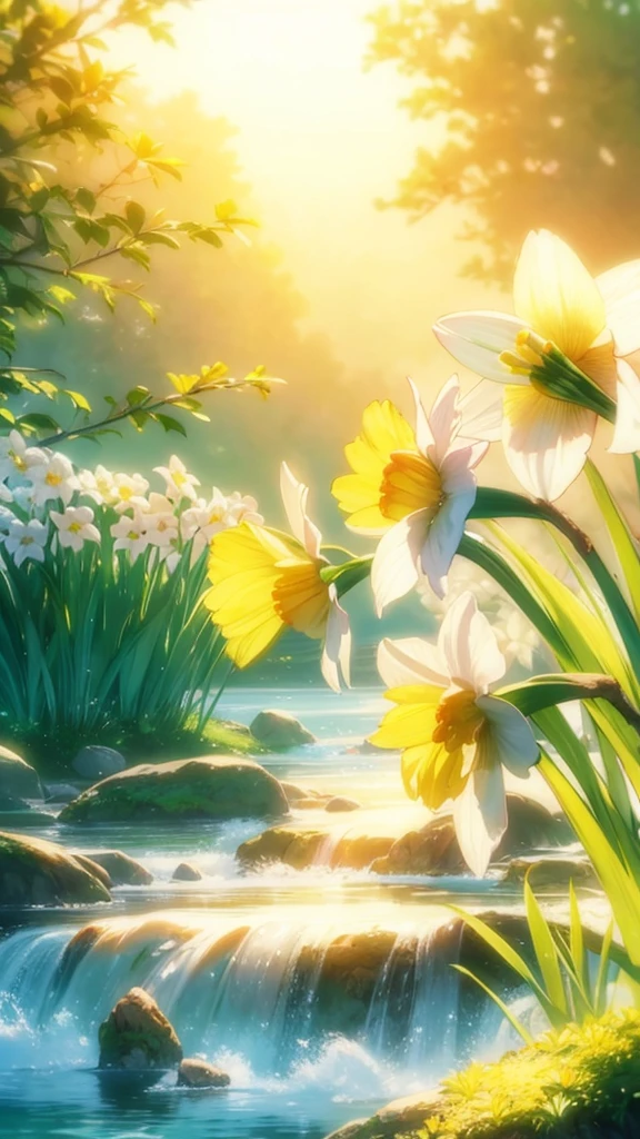 Nature landscape, spring and vibrant daffodils beautiful scene, saturated with color ,High Definition Photography, Realistic nature, HD 4K.