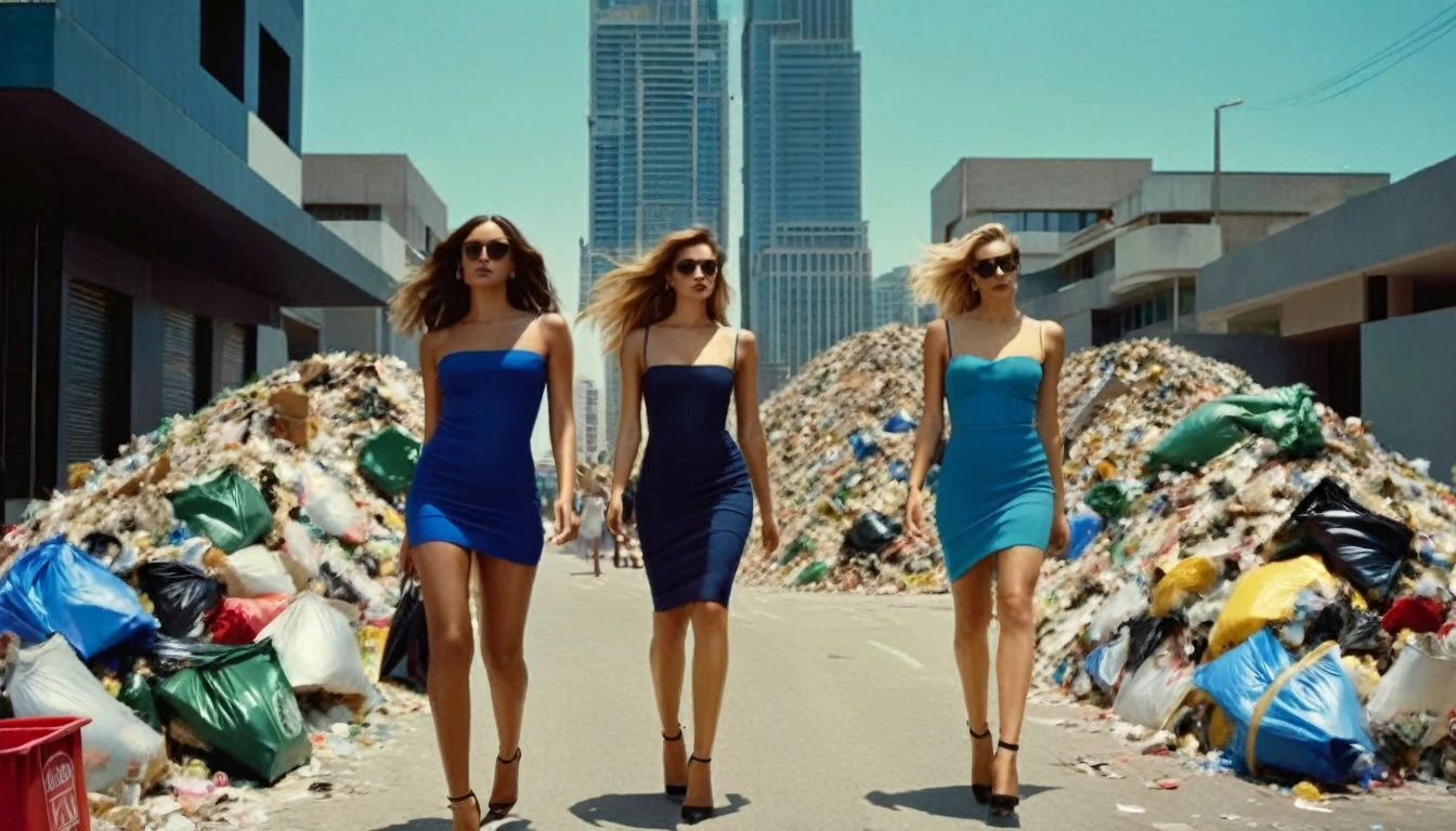 middle ground camera view of many kind of beautiful females walking on the street wearing very sexy short dresses and deep cleavaged futuristic fashion clothes made of different materials in different vivid and fluorescent colors decorated with DIFFERENT patterns in contemporary geometrical art style, contenporary fashion style, ((in front of the houses(((there are big garbage mounds on the street and many full trash cans))).They are walking in a pedestrian street in a megacity at morning time. Males are wearing suits or t-shirt with blue jeans. the people have photorealistic faces and bodies, different detailed facial features, perfect eyes and mouthes and skins with real human hands and hair blown in the wind, rule of thirds.Different styled high tech futuristic buildings cover the side of the street, the natural light of the sun illuminates at daytime. Bustling megacity with many skyscrapers in the background, Natural lights, neutral colors, lomochrome, vintage color tones, dramatic, dynamic composition.Lifelike textures, sharp focus, depth of field, cinematic lighting, Contrast lighting, volumetric lighting, best shadows,sharp focus, depth of field, movie styled, crystall clear, photorealism, Realism, Cinematic, Photoreal, 35mm film Screengrab a Super Panavision film, in color. best quality , hdr, uhd, 8k, 35 mm film, analog camera shot.