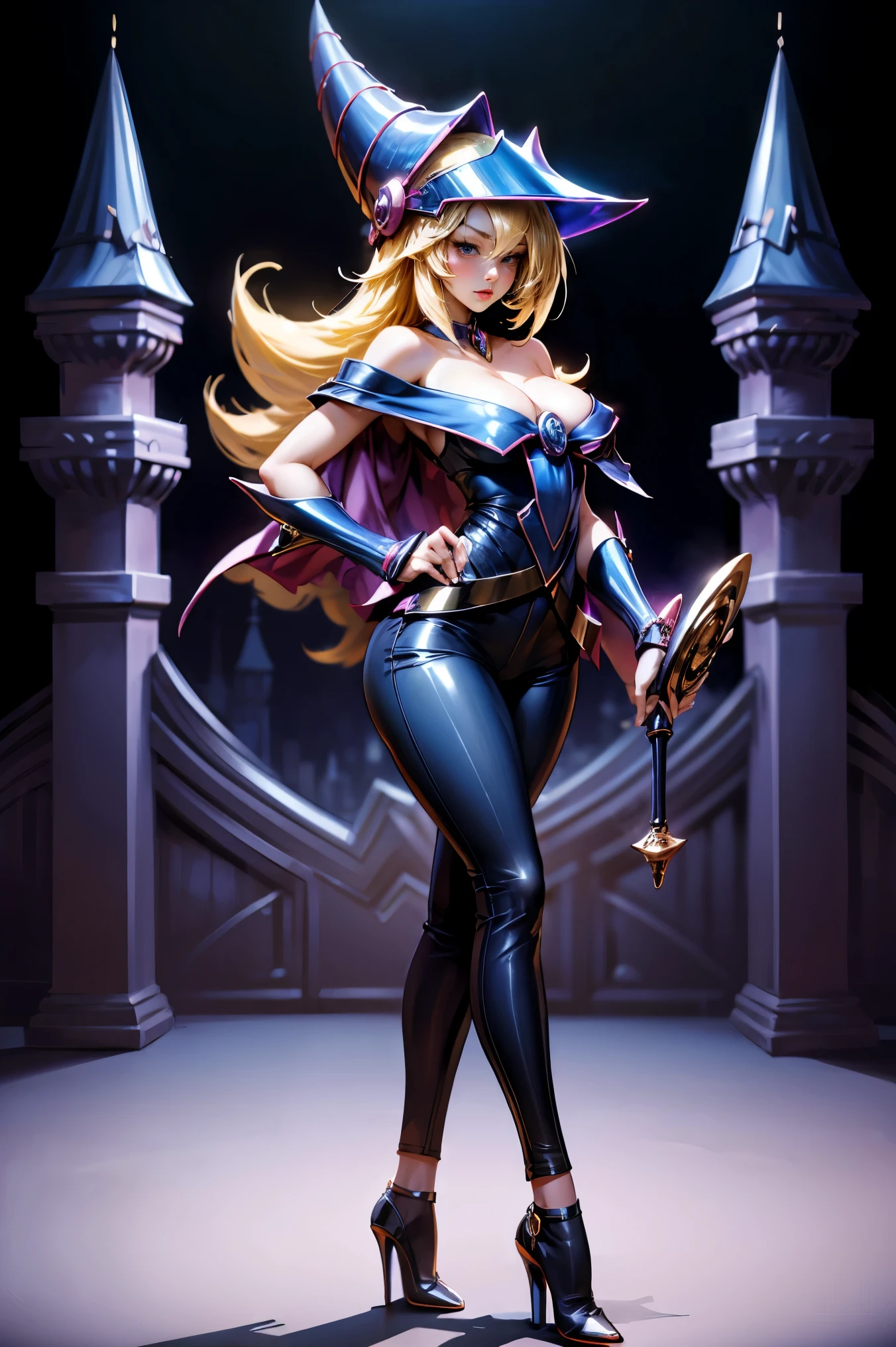 dark magician gils, with high-heels. pants, sexy, Subjective and sensual pose. magic castle background