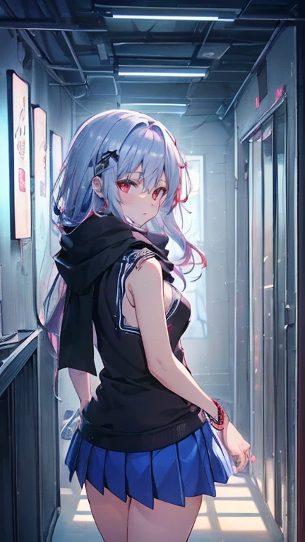 最high qualiy、best quality image、work of art、Kizi((18-years old、 Becoming、Better bust、medium bust,wide open breast tea、eerie glowing red eyes,silver hair、disheveled hair、long hair、fine tune,The highest valley、Open chest、Luminous bracelets、ha、hair ornamen、luminous necklace、Black sleeveless sweatshirt(1:2)、blue short skirt、Disheveled clofine tuneg、Show your whole body,Low - Angle、hacker type、perspiring、To attract、Cute black mask、Leaning against a wall、black scarf、Have a smartphone、rear view、Accentuate your ass、standing on all fours)),high qualiy、linda arte、fund((neon lig、Interior from neon to black))、Voo、flying debris、Written limit depth、film、visual arts、Perfect artwork、8K,genuine,