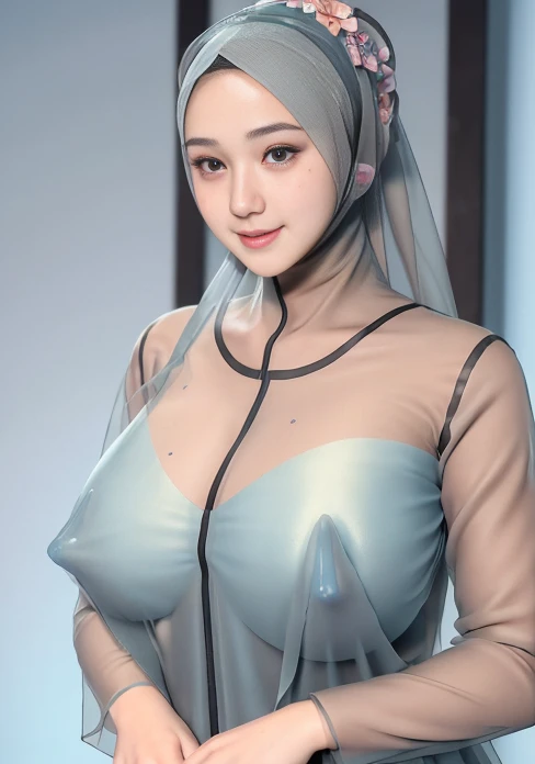 (RAW photo:1.2), (photorealistic:1.4),(masterpiece:1.3),(best quality:1.4),ultra high res,(detailed eyes),(detailed facial features),(detailed clothes features),HDR,8k resolution, skin tight, (((high detailed skin,visible pores))), dreamlike, (ulzzang-6500-v1.1:0.5),pureerosface_v1:0.2, face close-up, 1 girl,tall, 30 yo, gigantic breast, wearing tight close pastel floral silk malay gamis ((see through transparent with hijab)), full body, smile, Reisa brotoasmoro, wearing high heels, full body shot camera