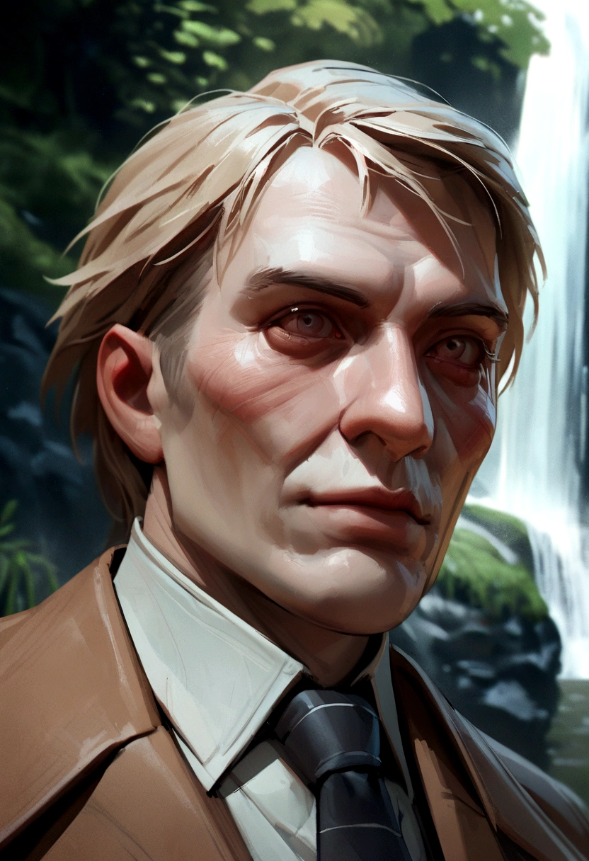 arafed man in a brown coat and tie standing in front of a waterfall, inspired by Oskar Lüthy, cinematic realistic portrait, inspired by Armin Hansen, closeup character portrait, cinematic bust portrait, stefan koidl inspired, wojtek fus, inspired by Daniël Mijtens, highly detailed vfx portrait of, inspired by Adolf Dietrich