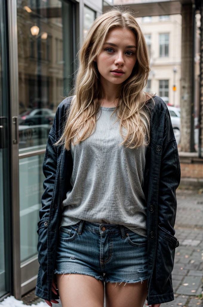 Extremely realistic blonde Russian girl with blonde hair and blue eyes., Detailed clothing, photo shoot for winter clothes