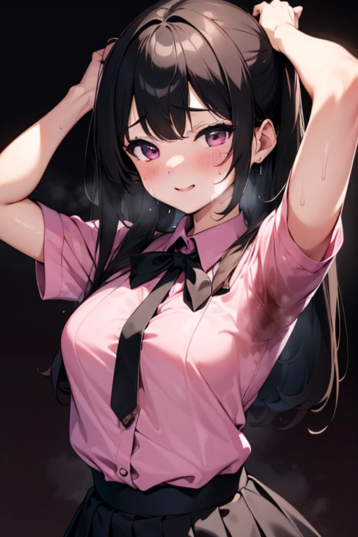 NSFW、Ultra-realistic 8K CG, masterpiece, ((Highly detailed background, Delicate pattern, Exquisite detail)), Highest quality,  masterpiece, Highest quality、delicate、thin、、Twin tails、Pink and black hair、Pink Shirt、Black Skirt、Black knee socks、School、smile、fine、((Sweat))、((脇のSweat染み))、(((Body odor))