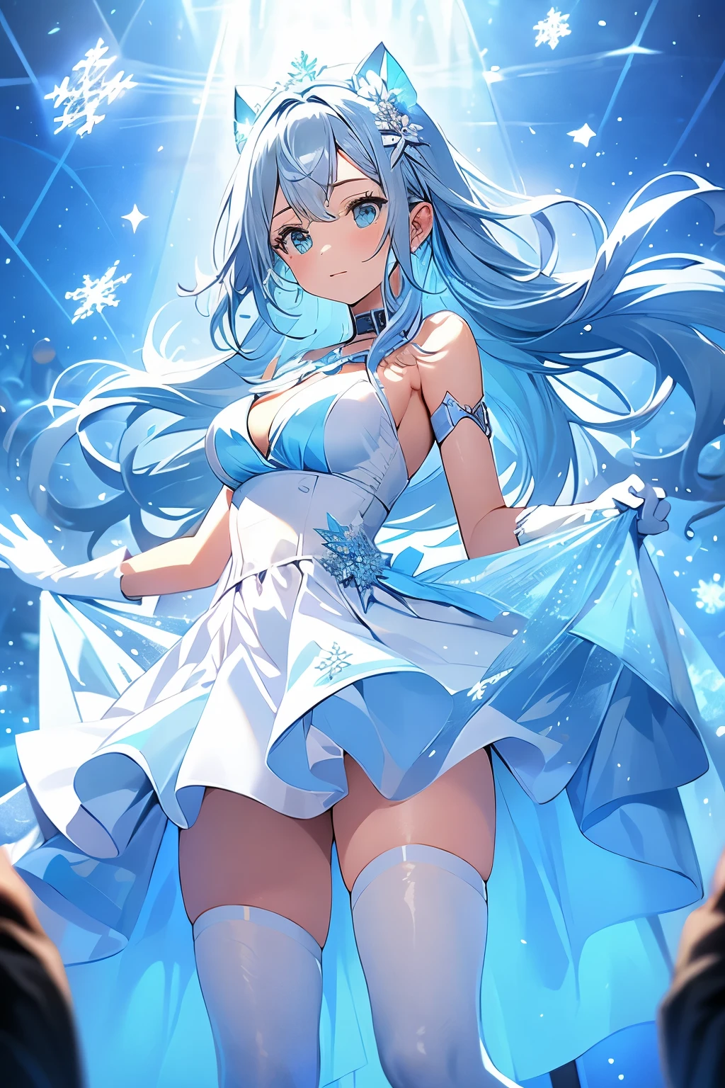 Adult woman, she wears a cyan blue and white dress that simulates snowflakes, with the skirt just above the knee and white gloves up to the shoulders.