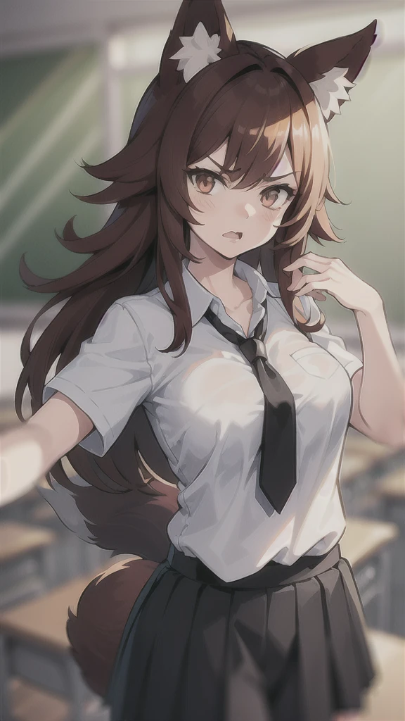 1girl ,20s,mature female,angry,white shirt,short sleeves,(black standard tie),black school skirt,red hair,long hair,fox ears,(classroom),cowboy shot
