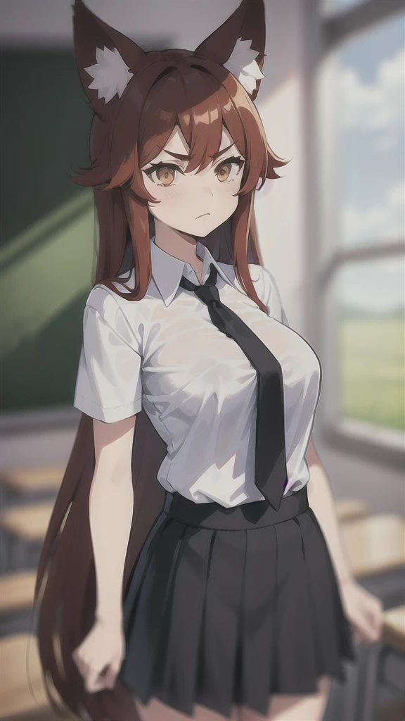 1girl ,20s,mature female,angry,white shirt,short sleeves,(black standard tie),black school skirt,red hair,long hair,fox ears,(classroom),cowboy shot