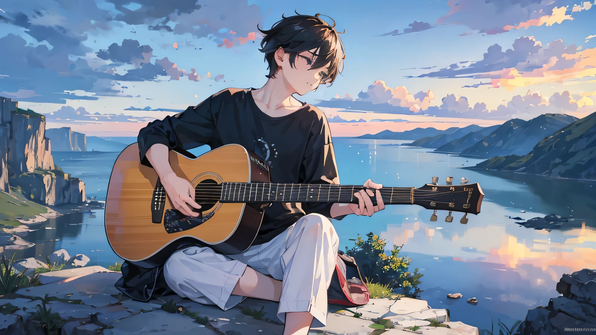 A boy playing the guitar while beautiful clouds are seen in the distance while the boy is sitting on a rock while playing the guitar in a thoughtful manner, comic art style, Masterpiece, camera focus from behind, detailed, medium light reflection, HD, no deformity, detailed, focus on landscape