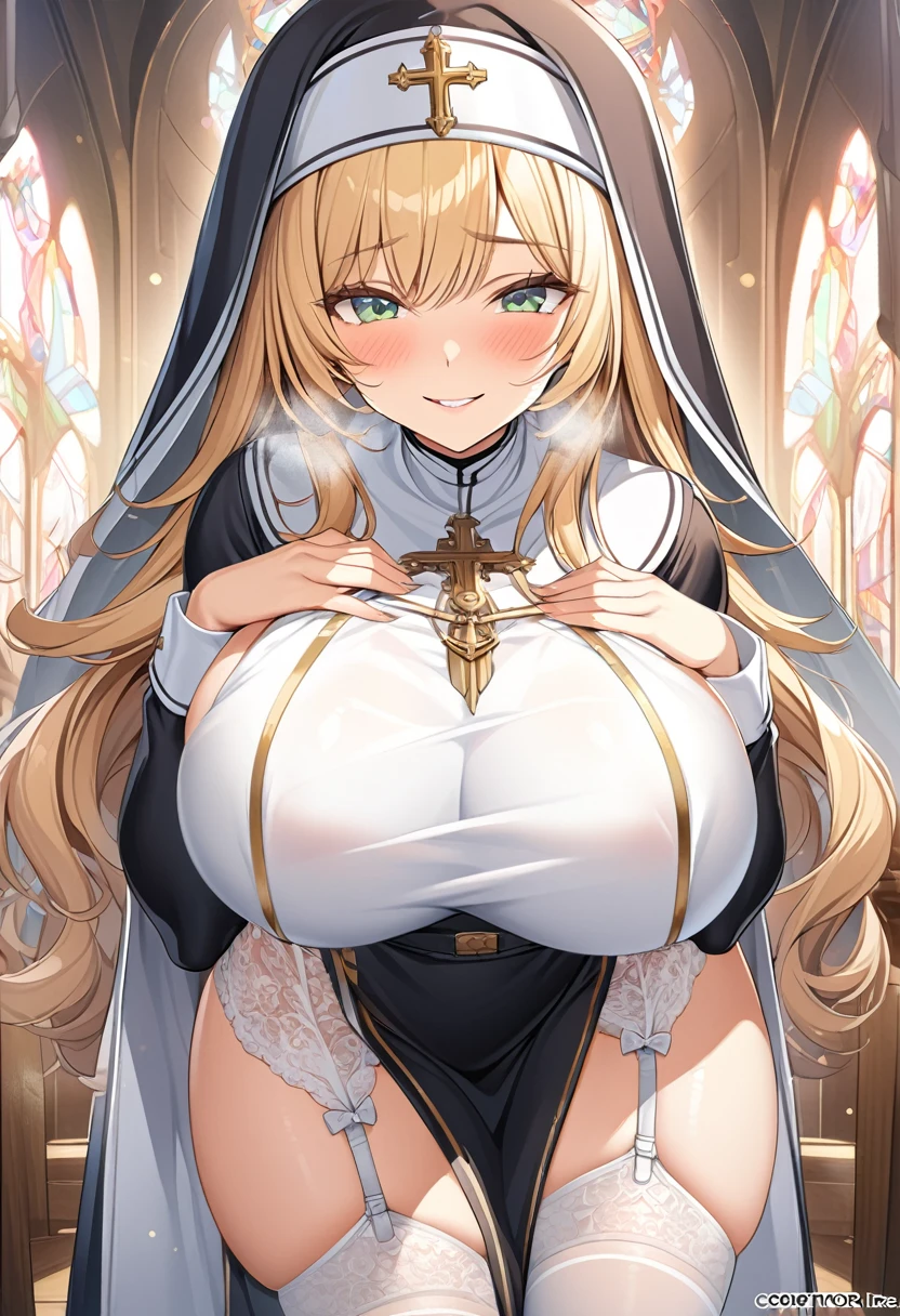 masterpiece, Highest quality, Official Art, Highly detailed CG Unity 8k wallpaper, Detailed Background, (Handcrafted by Guido Daniele), (Finger details), Mature Woman1, (Curvy), (Nuns),  (standing in church), (Nuns gown:1.12), (Chest curtain:1.4), (Nuns skirt:1.11), (White Garter Straps Garter Belt:1.12), (Blonde long hair:1.12), (Hair intake:1.12), (Green Eyes:1.2), blush, (Loving smile, holy smile), ((Huge breasts:1.5、Sagging breasts:1.5、Long Breasts:1.3、sagging breast:1.5)), Tight waist, Shiny skin, (Cross Necklace), indoor, (Sacred Scene), (church:1.11), (Sunlight streaming through stained glass),Mature Woman、((sit、足を広げてsit))、Monastic Clothes、White panties、Photographed from diagonally in front、Confessional Pose、Clasp your arms in front of your chest、Close-up photo of the chest、naughty face、heavy breathing、breast focus