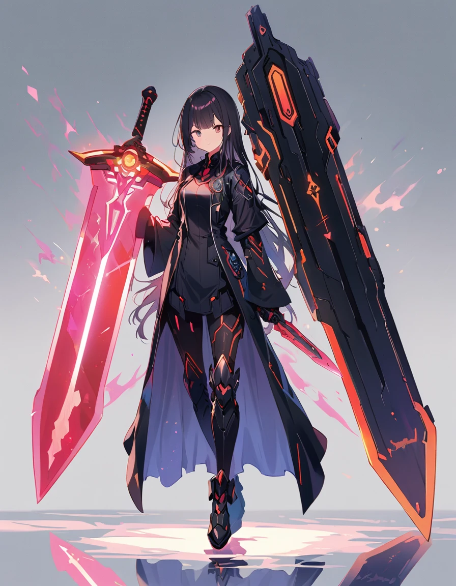 Black dragon cyborg cute manga girl, with a dark, full body, wearing a long flowing coat. She is holding a giant greatsword with a mechanical gimmick blade and standing on a reflective surface against a minimalist light grey background.--ar 3:4 --niji 6