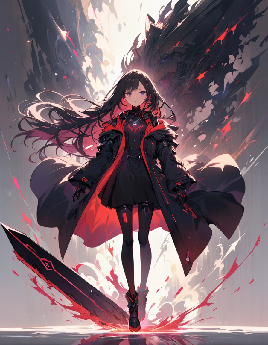 Black dragon cyborg cute manga girl, with a dark, full body, wearing a long flowing coat. She is holding a giant greatsword with a mechanical gimmick blade and standing on a reflective surface against a minimalist light grey background.--ar 3:4 --niji 6