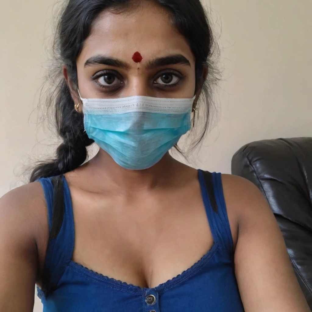 phone photo of an 18year old poor Indian girl at home, blue top, cleavage clearly visible, wearing a black mask, uploaded on snapchat