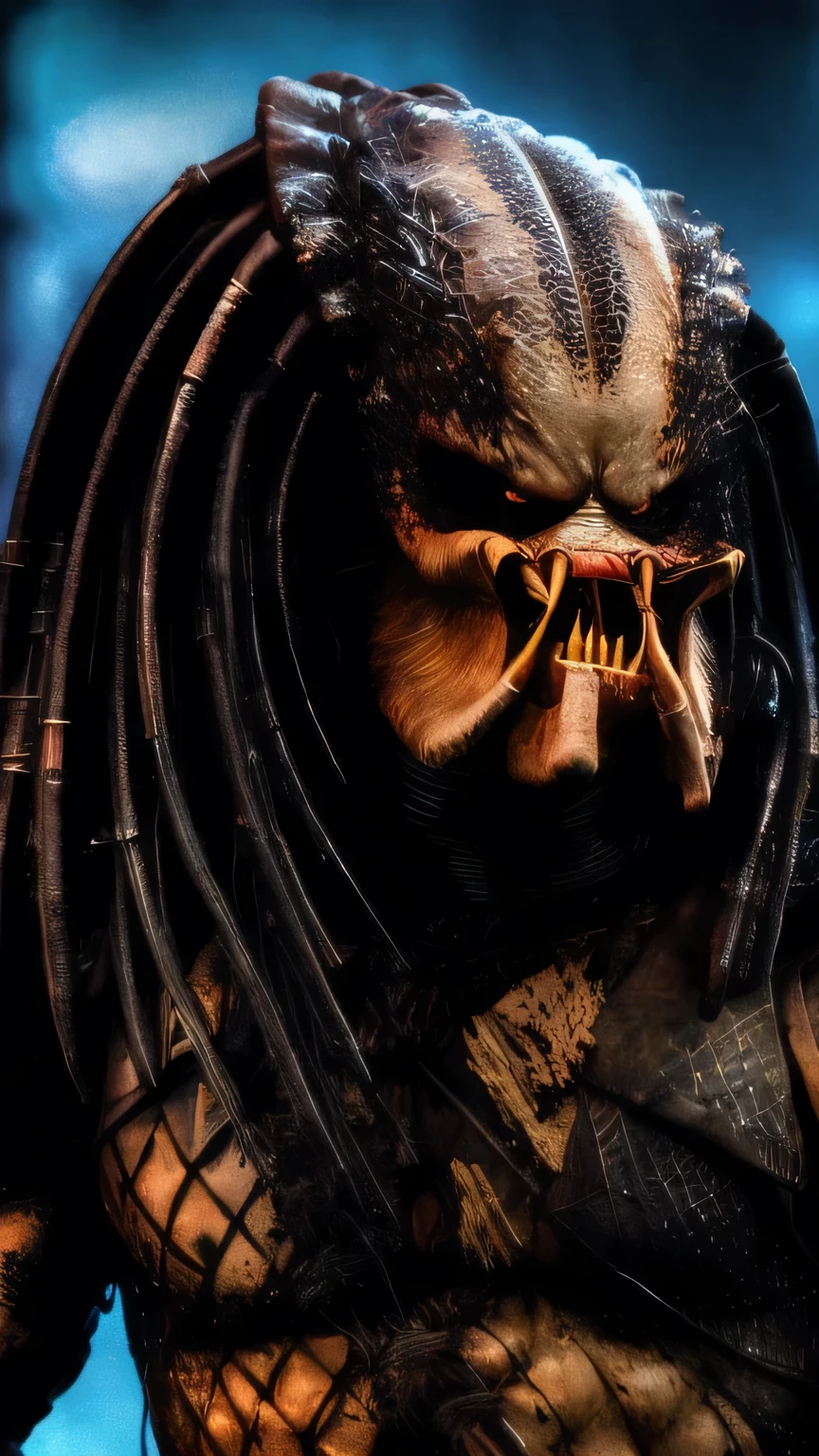 dark scene, a ((close-up portrait)) of a Yautja predator with sharp teeth, detailed head and face, perfect teeth, perfect body, night, city street, mist, particles, serious, dark armosphere, detailed background, high quality, award winning , in the style of Jim Lee, Marvel Comics,