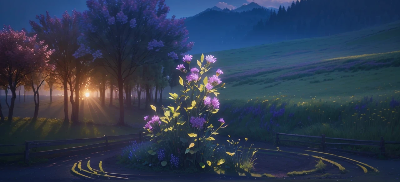 A field of lush green grass and wildflowers, a few trees dotting the horizon, dappled sunlight and shadow casting a warm, ethereal glow, (best quality,4k,8k,highres,masterpiece:1.2),ultra-detailed,(realistic,photorealistic,photo-realistic:1.37),landscape,natural lighting,vibrant colors,serene,peaceful