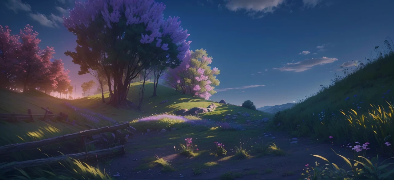 A field of lush green grass and wildflowers, a few trees dotting the horizon, dappled sunlight and shadow casting a warm, ethereal glow, (best quality,4k,8k,highres,masterpiece:1.2),ultra-detailed,(realistic,photorealistic,photo-realistic:1.37),landscape,natural lighting,vibrant colors,serene,peaceful