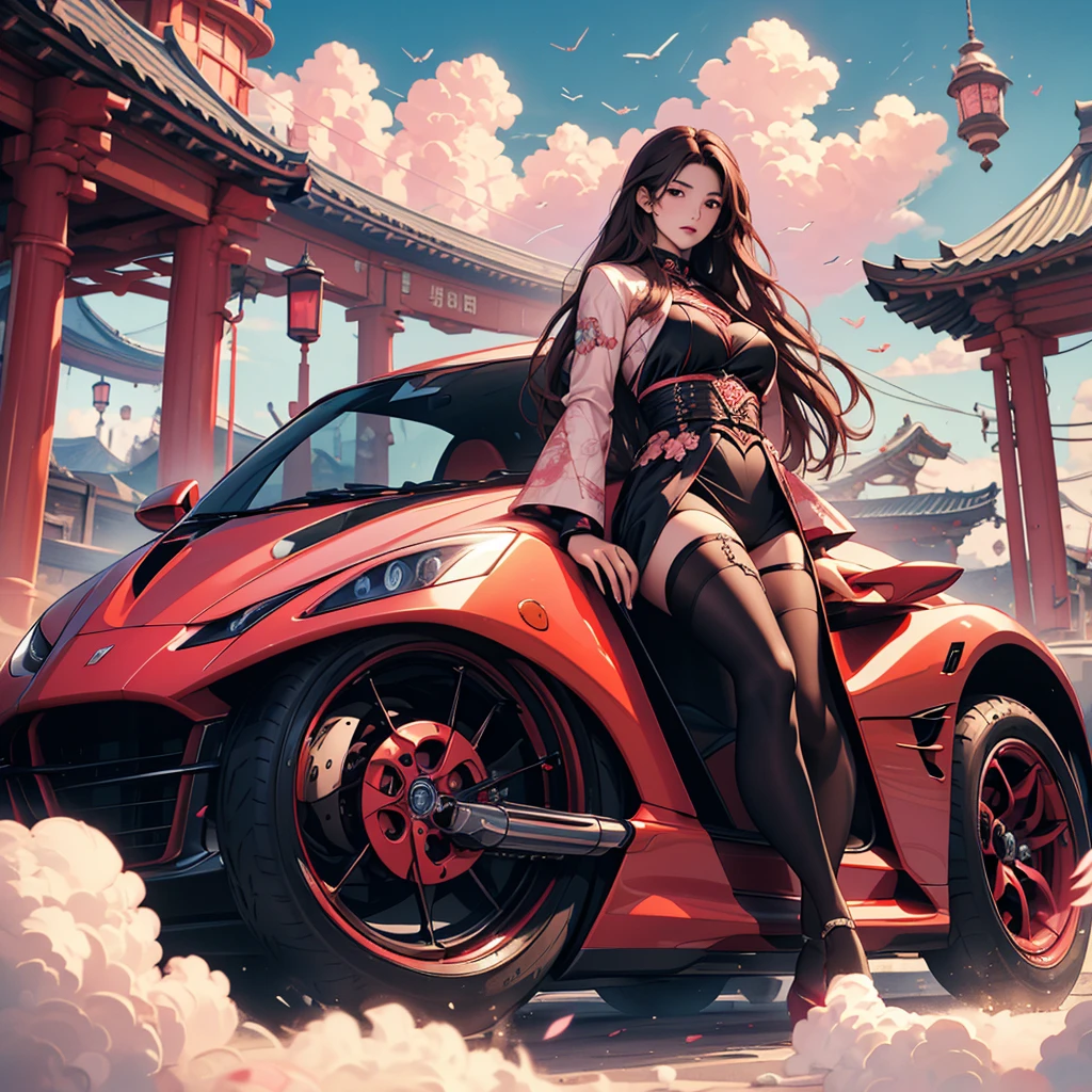 max ernst, a Korean beautiful girl,luxury brand fashion,long hair,murder,shibari,red Electric super car,acrylic painting,future world,René Magritte, pink black panty,cool illustration.small clouds,brown hair