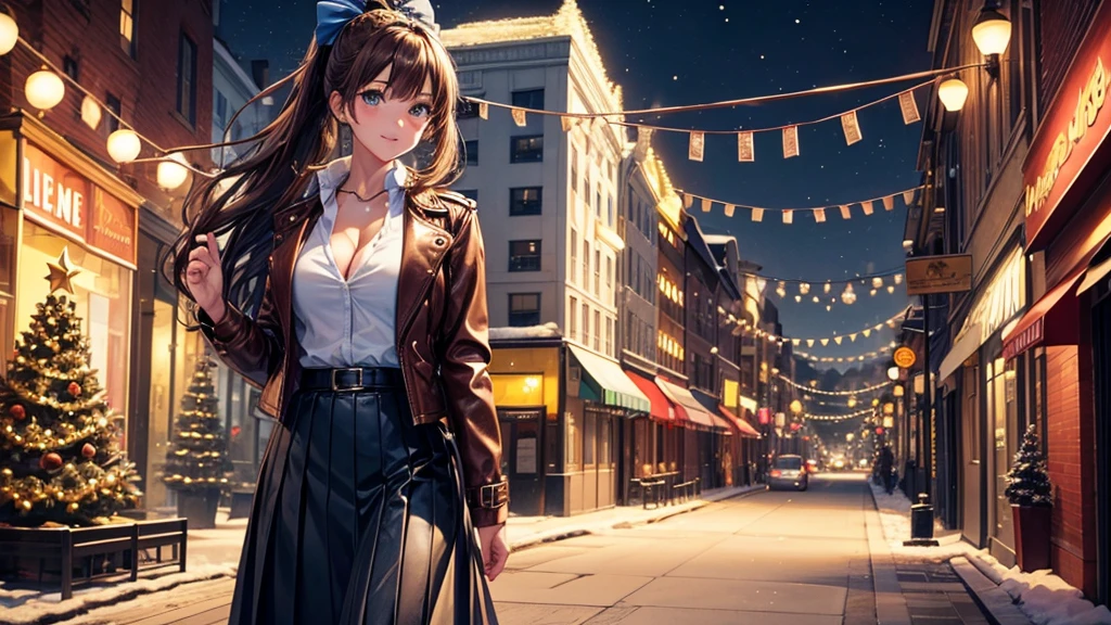 1girl, solo, christmas, ((christmas tree)), street, night, lights, snow, long hair, brown hair, curly hair, ponytail, large full breasts, ((brown leather jacket)), button down shirt, dark blue eyes, ((blue shirt)), ((unbuttoned shirt)), ((long skirt)), smile, ((unbuttoned shirt)), unbuttoning buttons, cleavage 1:3, looking at the viewer, standing, hair ribbon, golden necklate 