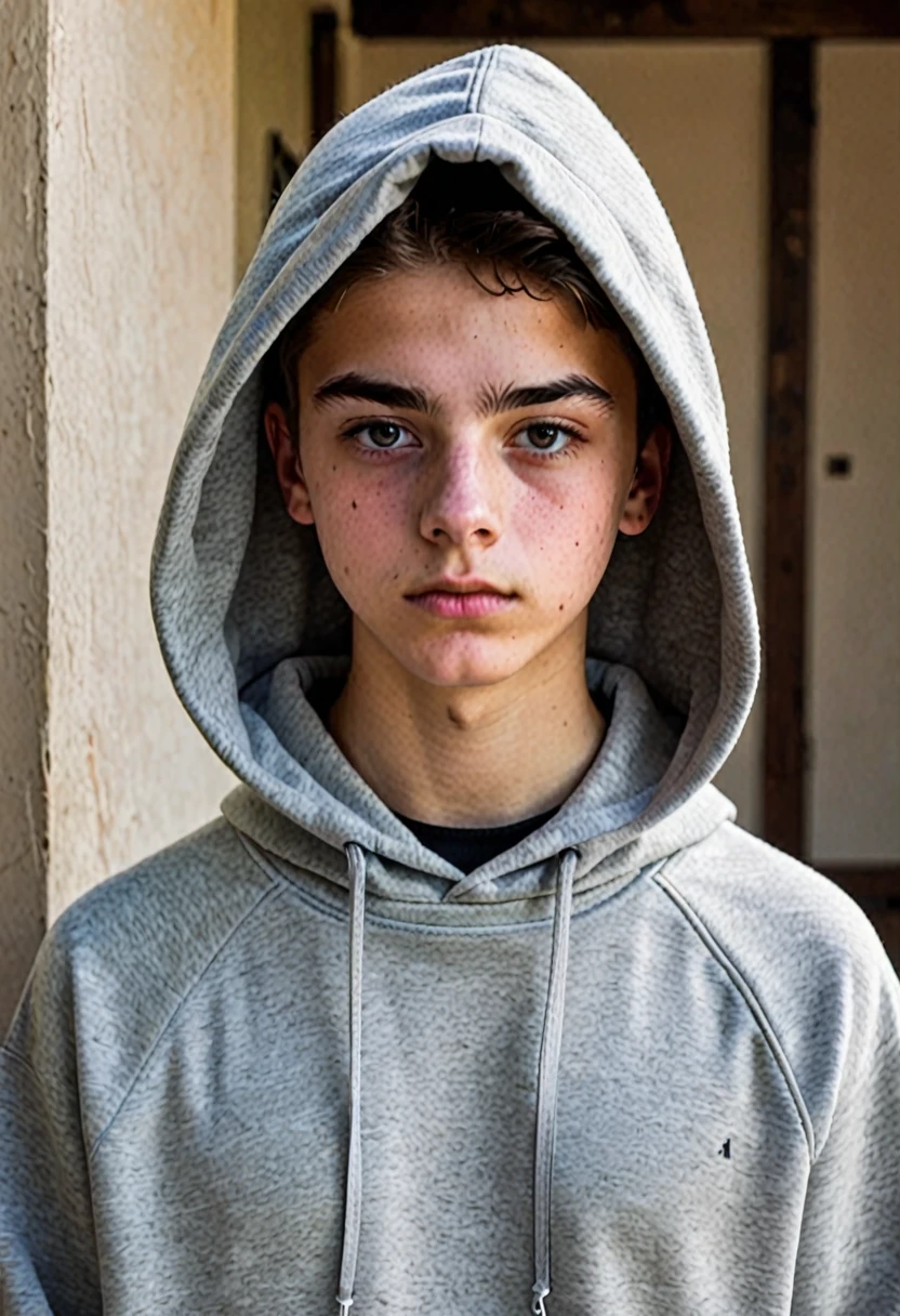 A 16-year-old boy in a gray sweatshirt and dark circles, The hood of the sweatshirt covers part of her face, making her mysterious.