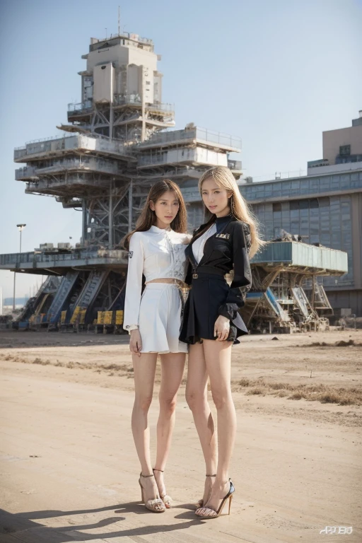 high resolution, best quality, Original Photography, Super Detail, (Delicate face), (Delicate eyes) ，blonde，At the launch site of the spacecraft, Huge starship，Huge spaceship，Long-range shooting，(((Two people standing:1.2)))，Korean female star，fashion model，trial，intricate spacesuit，Glamorous_Full set of clothing, flow_skirt, Long legs，elegant_Jewelry, complex_decorate, spaceship in background，Huge drone in the sky