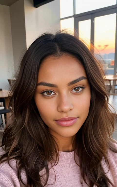 beautiful brown-skinned african brunette wearing pink sweater (sipping coffee inside a modern café at sunset), very detailed, 21 years old, innocent face, natural wavy hair, hazel eyes, high resolution, masterpiece, best quality, intricate details, highly detailed, sharp focus, detailed skin, realistic skin texture, texture, detailed eyes, professional, 4k, charming smile, shot on Canon, 85mm, shallow depth of field, kodak vision color, perfect fit body, extremely detailed, foto_\(ultra\), photorealistic, realistic, post-processing, maximum detail, roughness, real life, ultra realistic, photorealism, photography, 8k uhd, photography