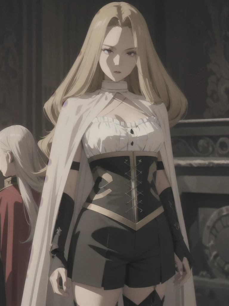 Portrait of a beautiful vampire woman of tall stature, ash blonde hair, long and parted in the middle, extremely pale skin, crimson red eyes, serious expression, wearing a black corset and black shorts, black thigh high boots.  The woman's body has a black cape and a silver sword-shaped brooch.
BREAK
The most suitable effect for this scene would be a watercolor painting technique to capture the softness of the meadow and the fluidity of the movement.