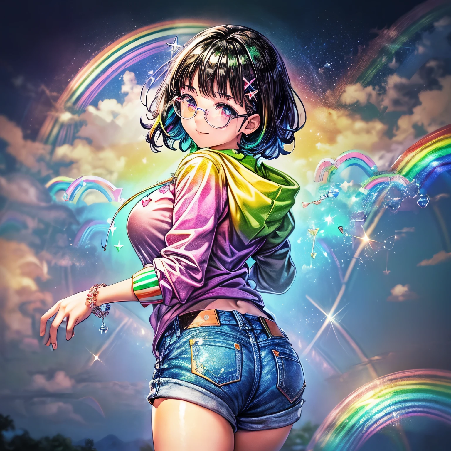 ((worst quality, low-quality)), masutepiece,Best Quality,ultra-detailliert,masterpiece, (Background of clear blue sky with rainbow), ((a closeup)), (gals:1.2), ((big breasts)), (black hair short cut:1.3), (Looking back), (cute Pose:1.2),(Uniform: 1.2), (Wear a rainbow-colored oversized zip hoodie on top: 1.4), (jeans hot pants:1.3), plump shiny lips, Beautiful clear eyes, (The best smile), Spoken Heart, ((Necklace,Colorful bracelets,X Hair Ornament):1.2), (Rainbow-colored frame under-rim glasses:1.4), ((glow rainbow)), (rainbow particles, rainbow sparkles, rainbow rays:1.4),Background of many floating balloons 🎈,