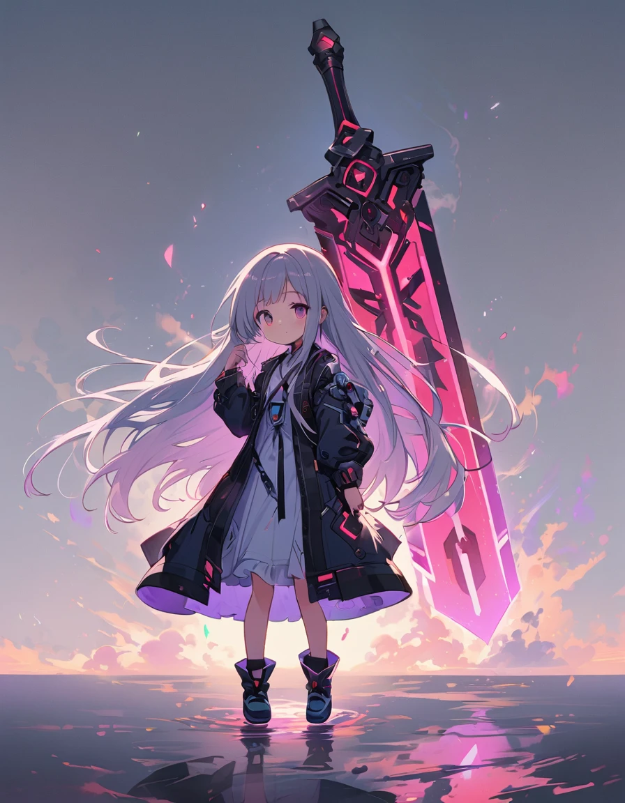 White dragon cyborg cute manga girl, with a dark, full body, wearing a long flowing coat. She is holding a giant greatsword with a mechanical gimmick blade and standing on a reflective surface against a minimalist light grey background.--ar 3:4 --niji 6
