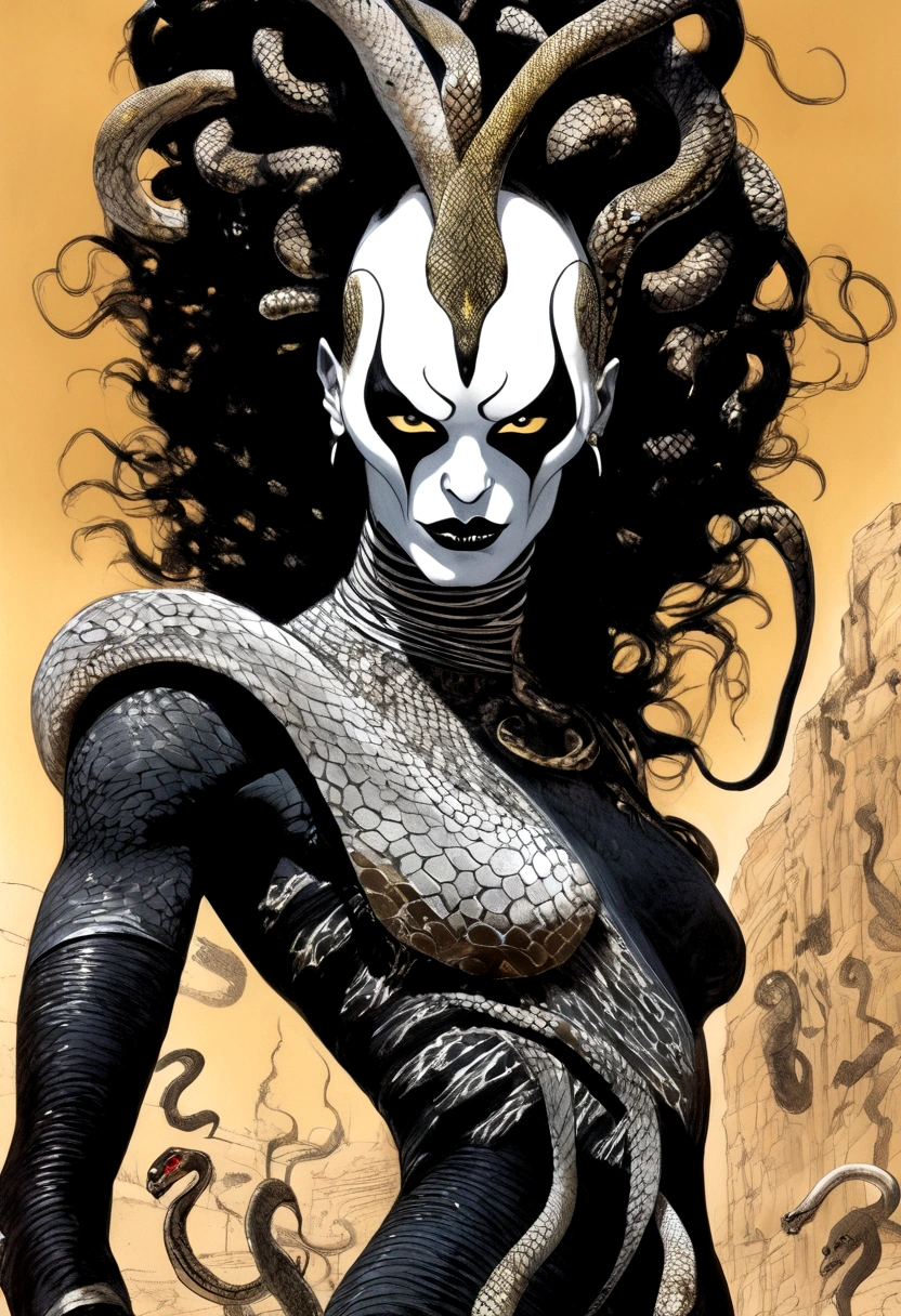 Medusa, animated film still, snake skin dress, (blue sky, golden brown desert, canyons,), (Asteroid City, Afro Samurai, Looney Tunes), hand drawn ink on paper illustration, (lamia, gorgon, snake woman hybrid, human upper-body, snake tail lower-body), fullbody, snake-haired, bald, hairless, (face, ornate black metal corpse paint, resembles Grace Jones), (art style "Sean Gordon Murphy" comic drawing, splash panel), body drawn in Frederic Delavier musculature anatomical illustration art style, candid, the snake-haired head is covered in snakes that resemble pantera great southern trendkill,