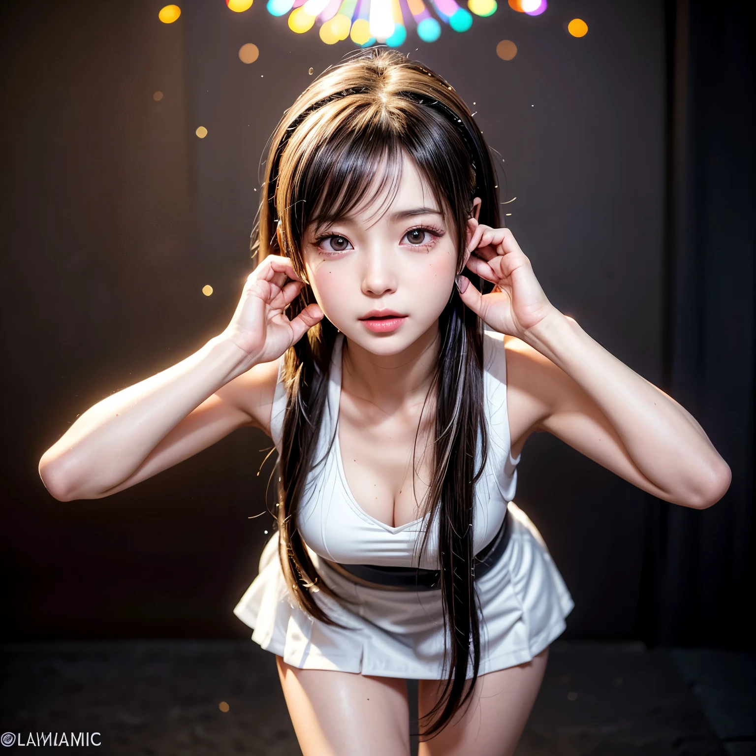 NSFW, 8k, High-level, absurd, masterpiece, best quality, primitive, very detailed CG, very detailed wallpaper, perfect lighting, Extremely detailed (((The personifying " Tifa Lockhart " as a Little Girl))), MysticSight, Tyndall effect, Tyndall scattering, Studio gray background with (many Dazzling RainbowColor particles BokeH:1.28), (RoundlyButts, ThighGap), (Exposed:0.4), (Assfocus with looking ahead), BREAK (NOGIZAKA face variations) Extremely Detailed very KAWAII face variations, perfect anatomy, Childish, captivating gaze, elaborate detailed Eyes with (sparkling highlights:1.28), long eyelashes、Glossy RED Lips with beautiful details, Coquettish tongue, Rosy cheeks, Radiant PearlSkin with clear transparency . { (Dynamic LifeLike expressions:1.4) | :d) }, (large eyes:-1) .