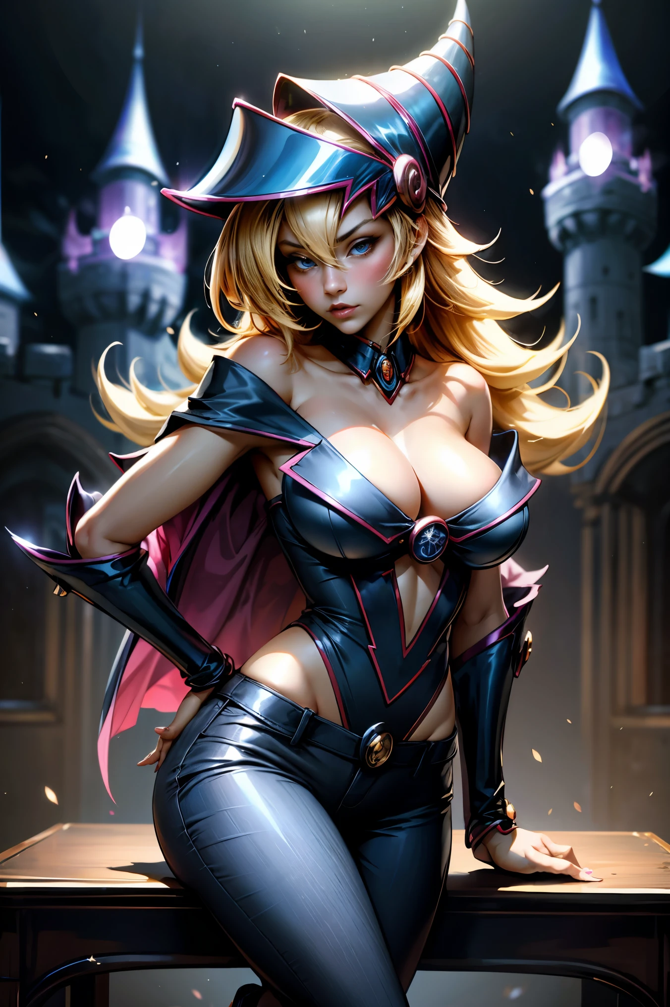 dark magician gils, with high-heels. pants,  sexy, Subjective and sensual pose. magic castle background 