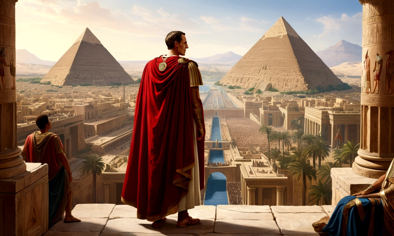 painting, julius caesar emperor of rome, without background, he is in full body with his back to the observer, observing ancient egypt, do not include pyramids, large mountains or any triangular structure in the scene. He is wearing his iconic outfit and his red cape, a Renaissance painting