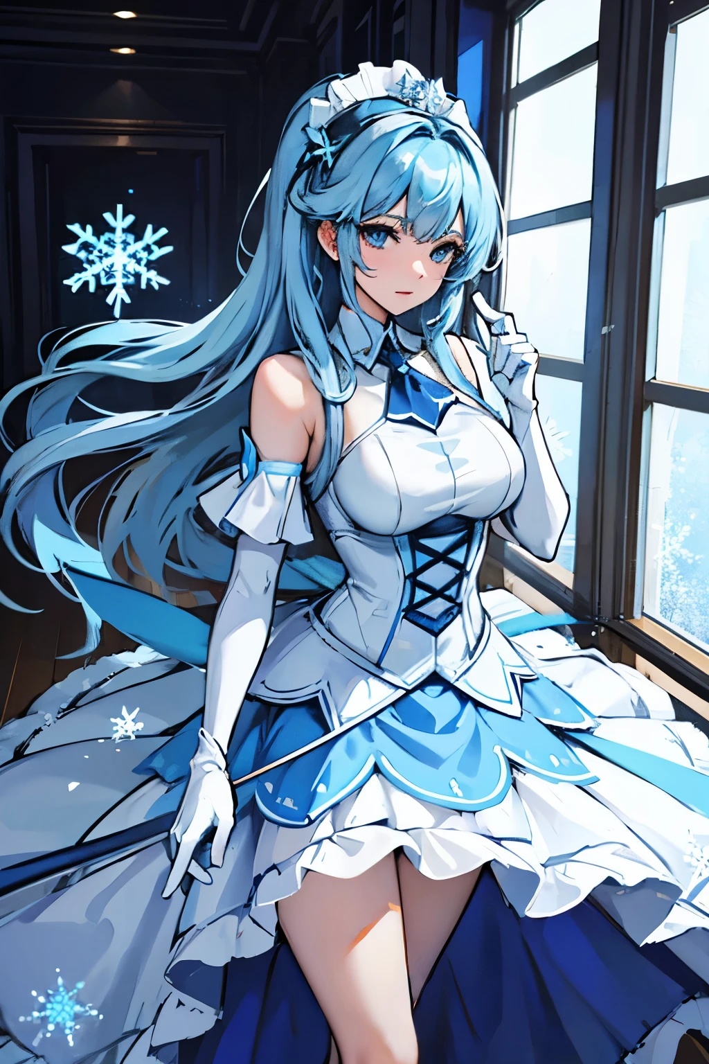 Adult woman, she wears a cyan blue and white dress that simulates snowflakes, with the skirt just above the knee and white gloves up to the shoulders.