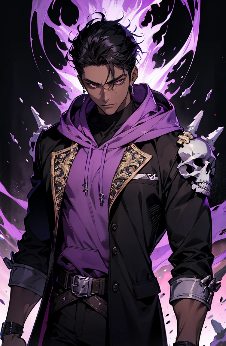 male with bones, looking away from camera, skulls, bones, handsome, black, dark skin, tall, broad shoulders, black hair, purple, purple fire, magic, detailed face, fantasy, hoodie