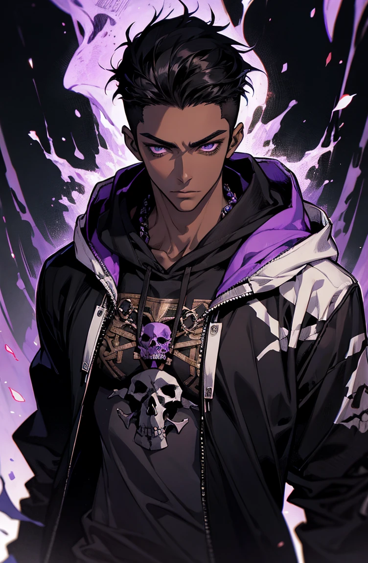 male with bones, looking away from camera, skulls, bones, handsome, black, dark skin, tall, broad shoulders, black hair, purple, purple fire, magic, detailed face, fantasy, hoodie