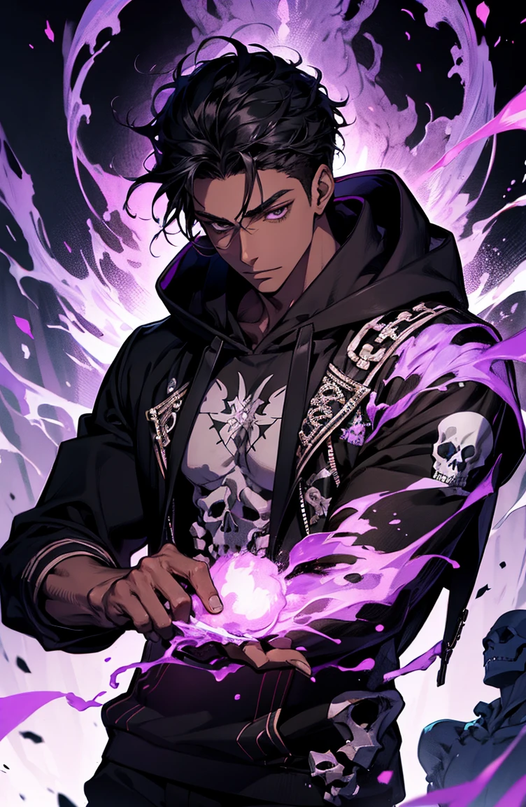 male with bones, looking away from camera, skulls, bones, handsome, black, dark skin, tall, broad shoulders, black hair, purple, purple fire, magic, detailed face, fantasy, hoodie
