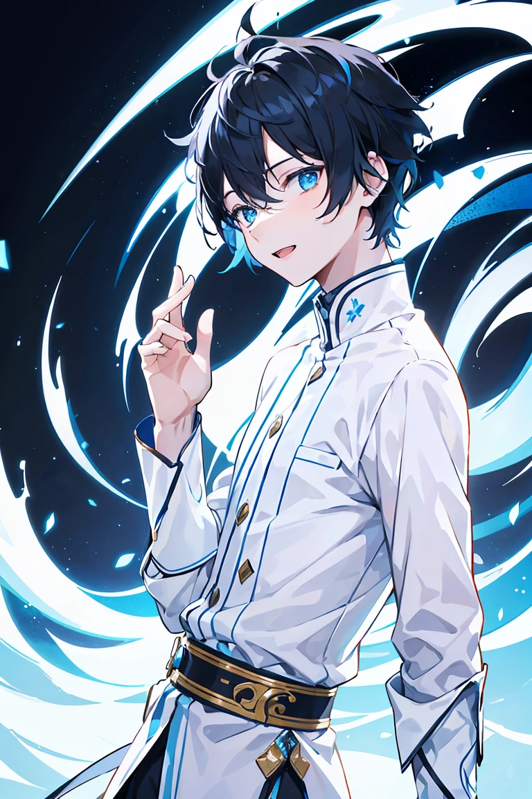 1 A boy dressed in white，male people，Cheerful and lively，Welcoming and lovely，Charming, Handsome，fashion hair，short detailed hair，Playful expression，Side face avatar，Black color hair，vivid background，blue eyes, (solo), 