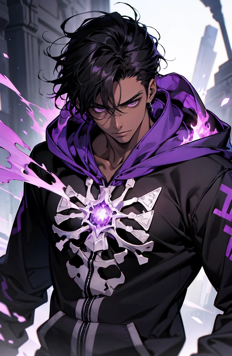 male with bones, looking away from camera, skulls, bones, handsome, black, dark skin, tall, broad shoulders, black hair, purple, purple fire, magic, detailed face, fantasy, hoodie
