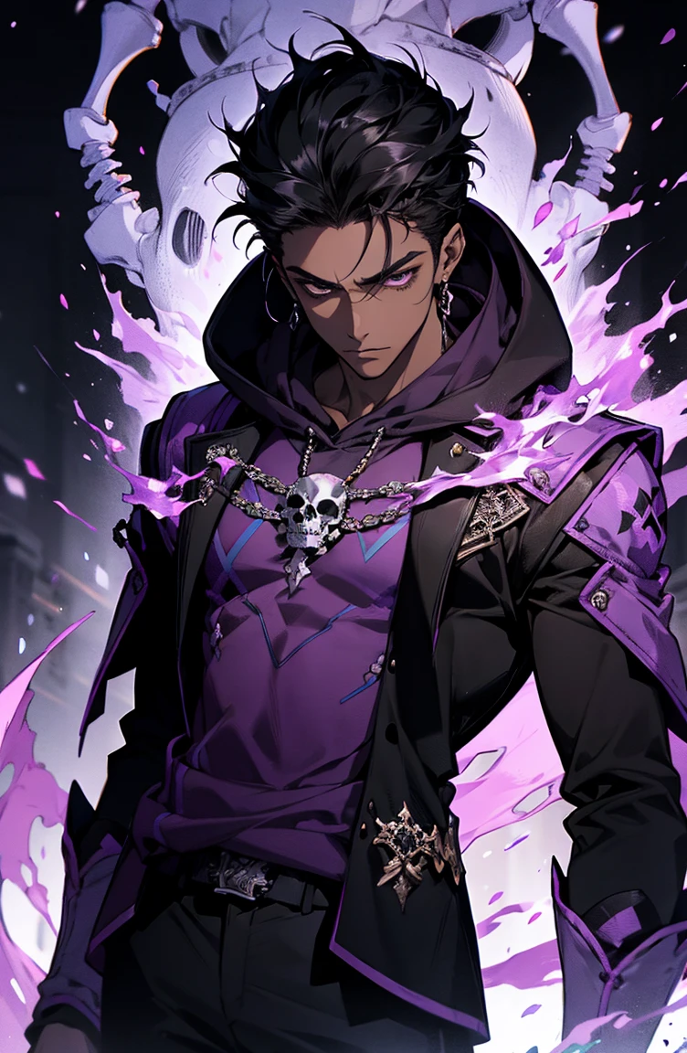 male with bones, looking away from camera, skulls, bones, handsome, black, dark skin, tall, broad shoulders, black hair, purple, purple fire, magic, detailed face, fantasy, hoodie
