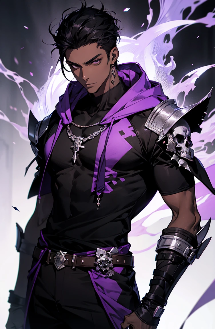 male with bones, looking away from camera, skulls, bones, handsome, black, dark skin, tall, broad shoulders, black hair, purple, purple fire, magic, detailed face, fantasy, hoodie
