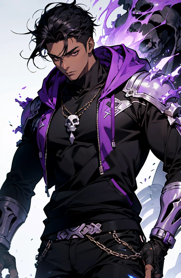 male with bones, looking away from camera, skulls, bones, handsome, black, dark skin, tall, broad shoulders, black hair, purple, purple fire, magic, detailed face, fantasy, hoodie