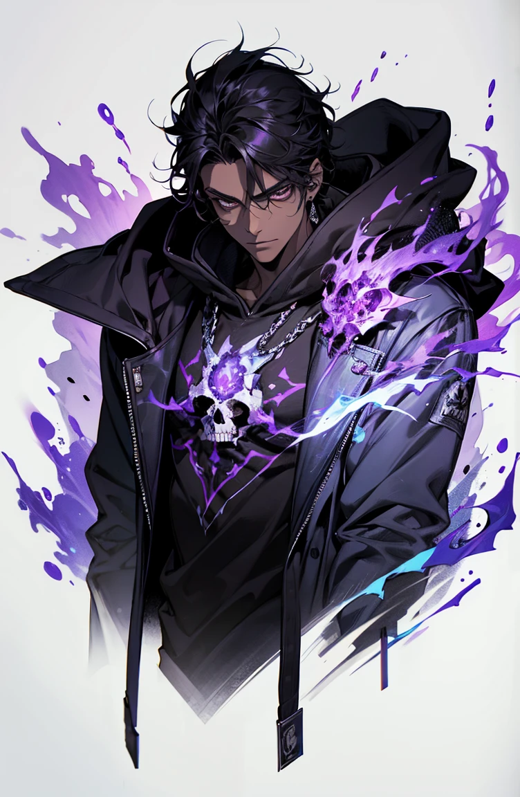 male with bones, looking away from camera, skulls, bones, handsome, black, dark skin, tall, broad shoulders, black hair, purple, purple fire, magic, detailed face, fantasy, hoodie