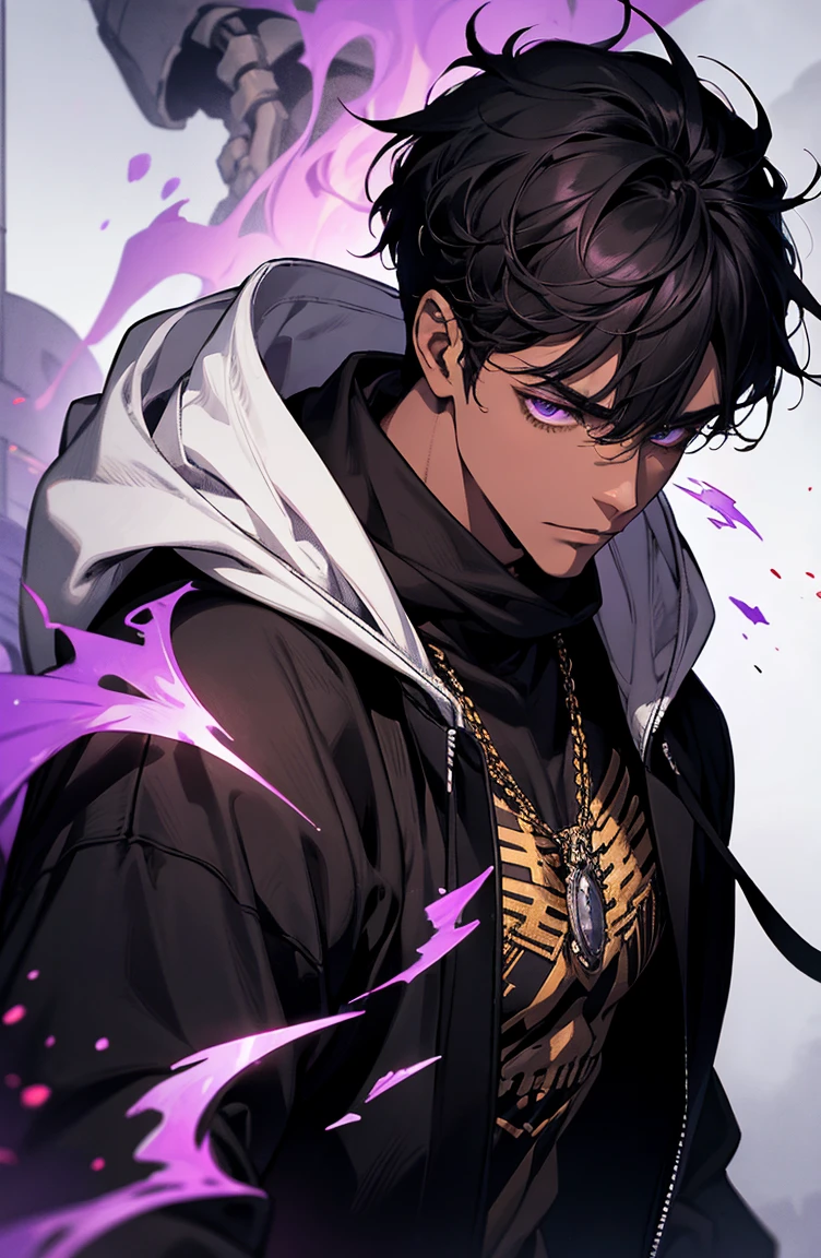 male with bones, looking away from camera, skulls, bones, handsome, black, dark skin, tall, broad shoulders, black hair, purple, purple fire, magic, detailed face, fantasy, hoodie
