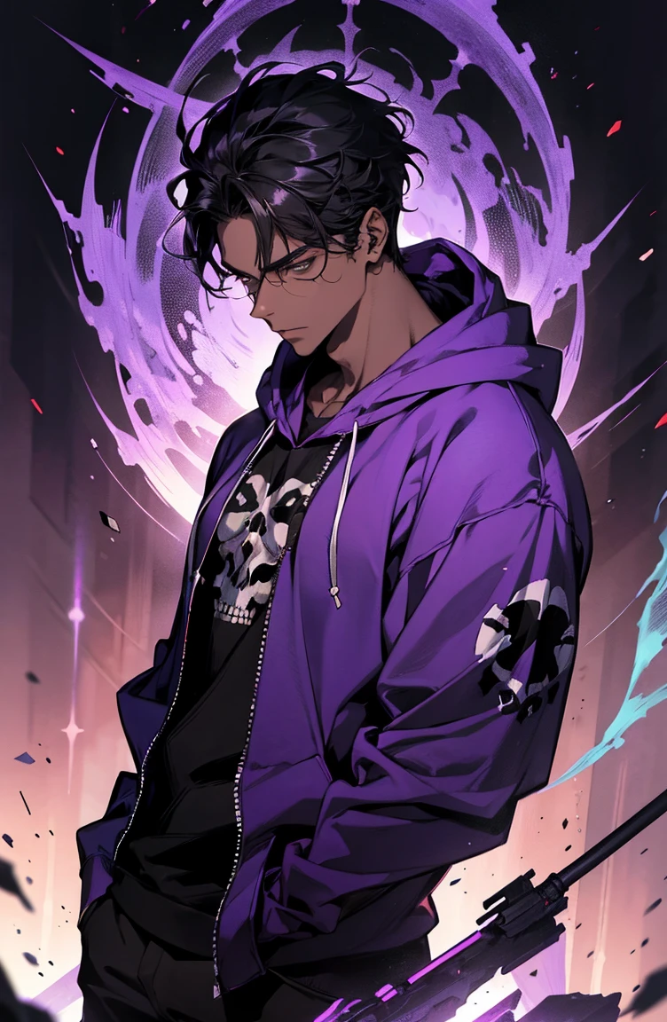 male with bones, looking away from camera, skulls, bones, handsome, black, dark skin, tall, broad shoulders, black hair, purple, purple fire, magic, detailed face, fantasy, hoodie