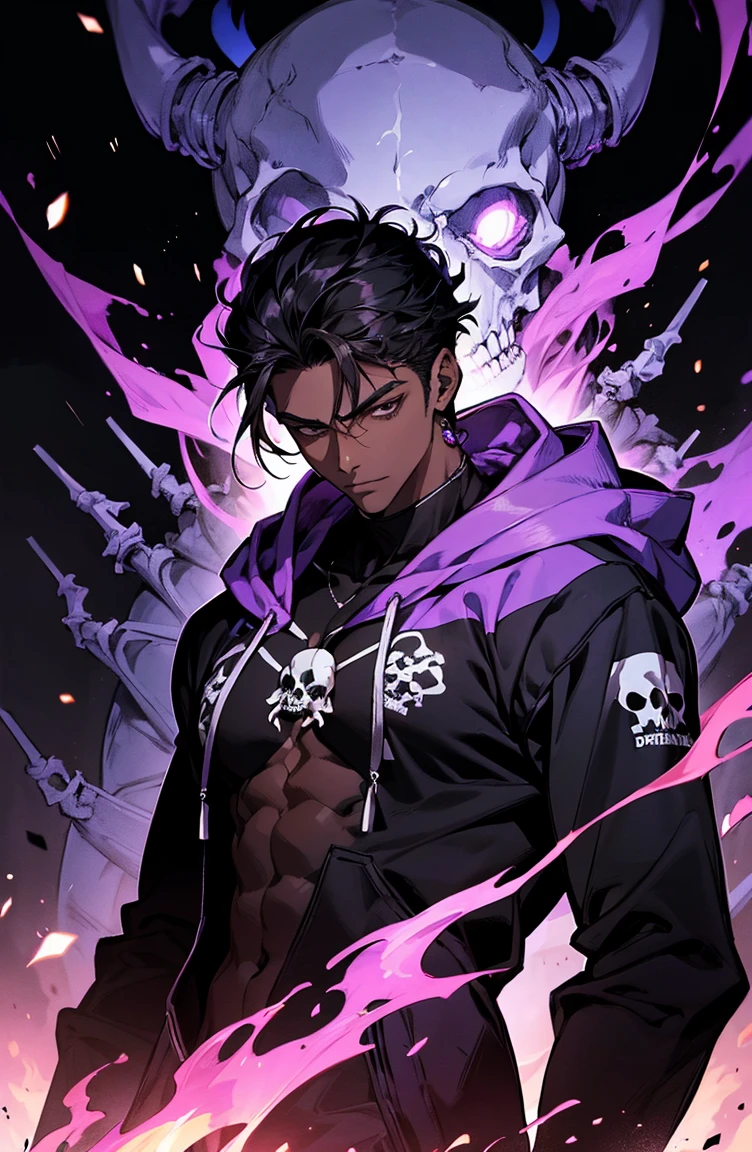 male with bones, looking away from camera, skulls, bones, handsome, black, dark skin, tall, broad shoulders, black hair, purple, purple fire, magic, detailed face, fantasy, hoodie
