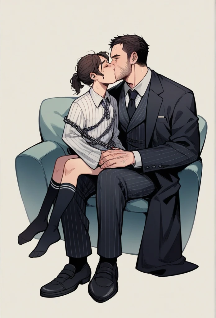 50-year-old middle-aged Chris Redfield from Resident Evil 8，cold face, Chris Redfield like a gentleman, Man，grampa，Height 195，chineseidol，sitting in the couch，kissing each, God perspective，The eyes are about to face each other，musculature，Lift one foot，Wearing a black and white striped suit，black greatcoat，No shoes，Cord，Chains，Ferocious and ferocious，The background is outdoors，Hold your hands on your knees, black suit socks, colored image
