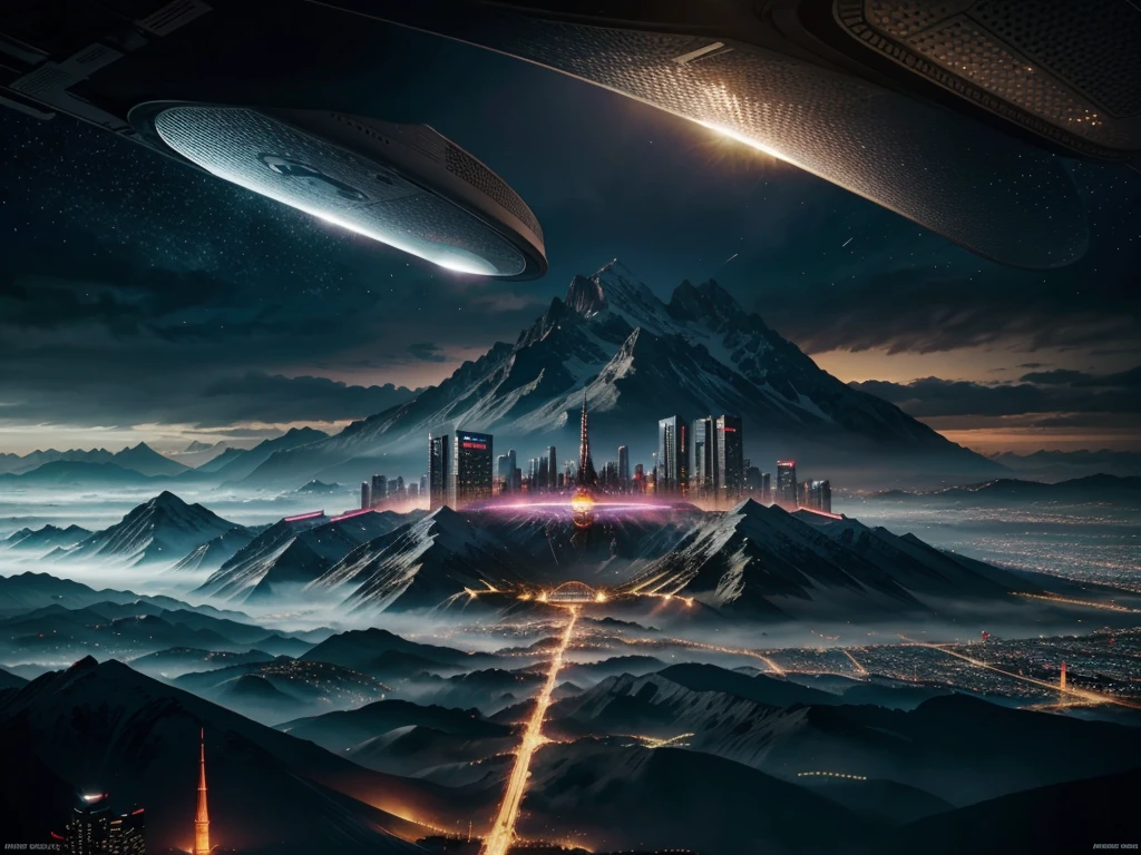 futuristic city, fantasy, 23rd century, mountains
