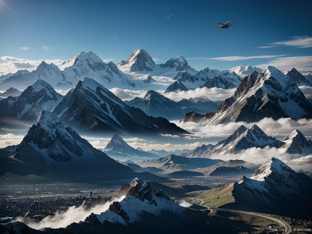 futuristic city, fantasy, 23rd century, mountains