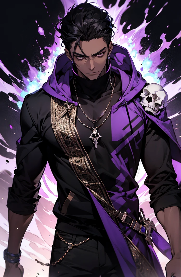 male with bones, looking away from camera, skulls, bones, handsome, black, dark skin, tall, broad shoulders, black hair, purple, purple fire, magic, detailed face, fantasy, hoodie
